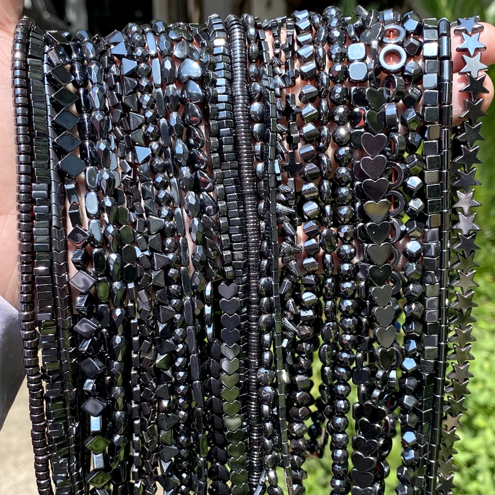 45-Stil natürliche schwarze Hämatit-Steinperlen, Stern, geometrische Säule, Herz, lose Distanzperlen für Schmuckherstellung, Armbänder, Halskette