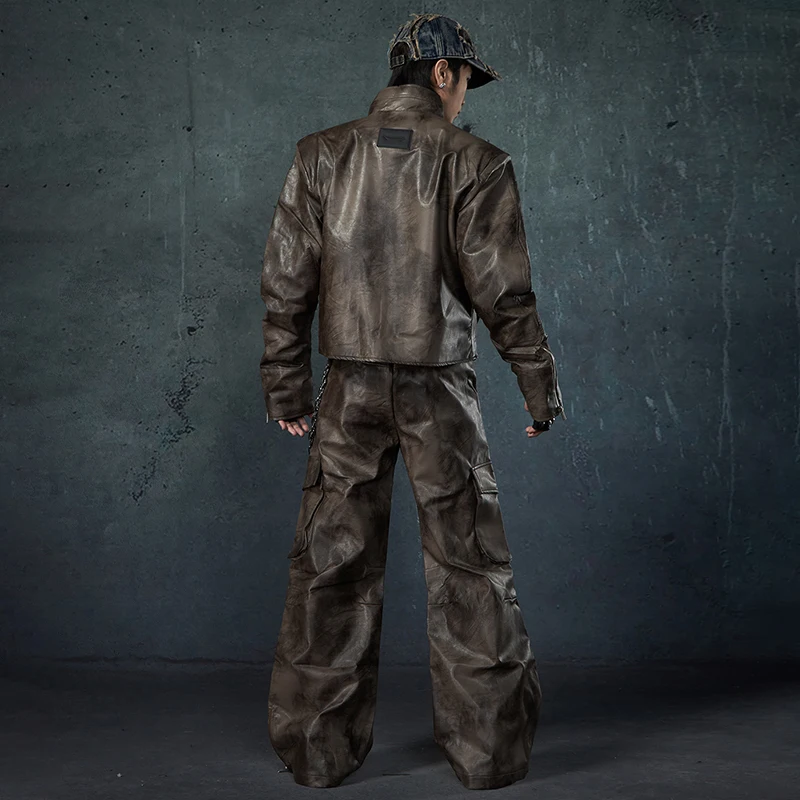 LUZHEN 2025 New High Quality Street Locomotive Leather Jacket Men's Fashion Original Loose Straight Casual Pants Niche LZ8472 2
