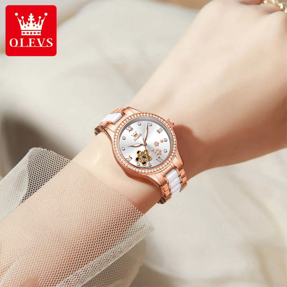 OLEVS 7074 Automatic Mechanical Watch For Woman Elegant Ceramics Steel Strap Hollow Flower Diamond Bezel Luxury Women's Watches