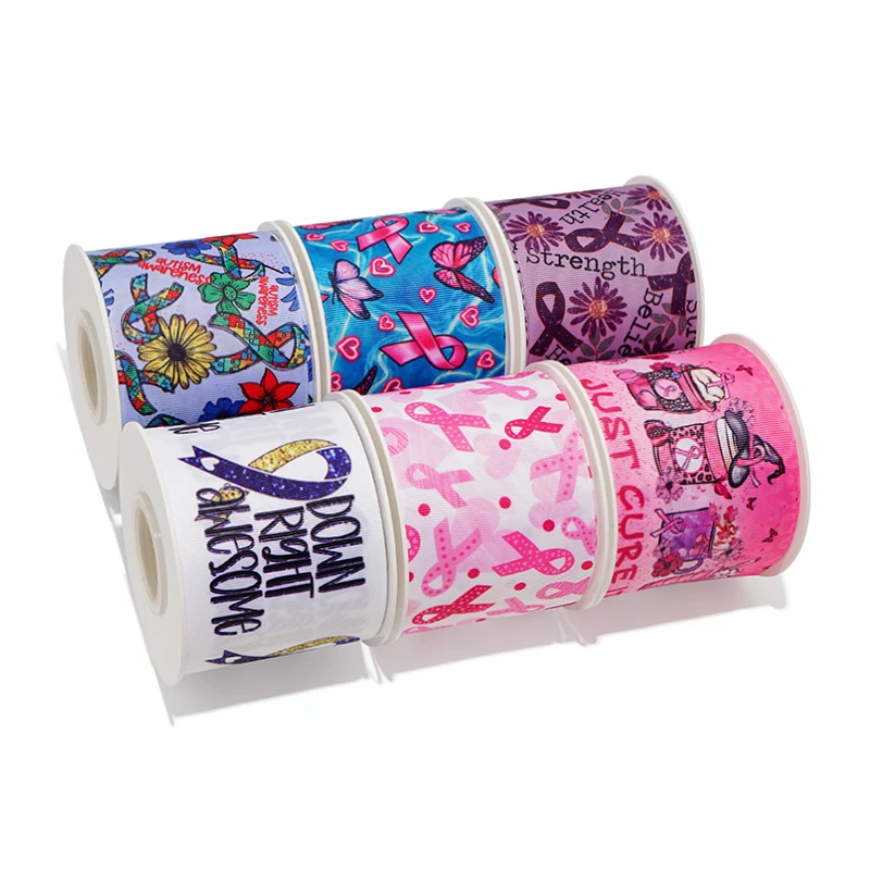 5 Yards Caring For Breast Cancer Printed Grosgrain Ribbons For Hair Bows DIY Handmade Materials 79644 ribbon decoration ribbon supplies grosgrain ribbon