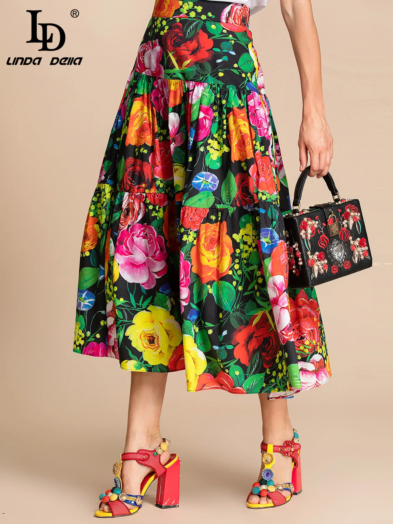 LD LINDA DELLA 2022 Summer Runway Fashion Cotton Skirts Women's Vintage Vacation Floral print Elegant Midi Skirts