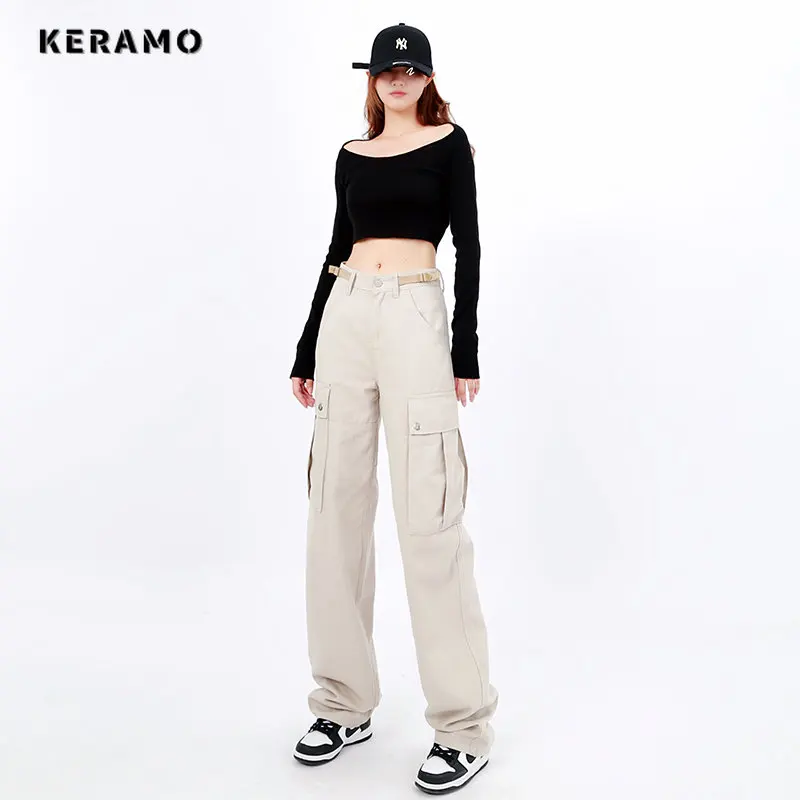 

American Retro Women Y2k Hip-hop High Street Casual Overalls Loose Pants Solid Color Pockets Cargo Grunge Wide Leg Trousers