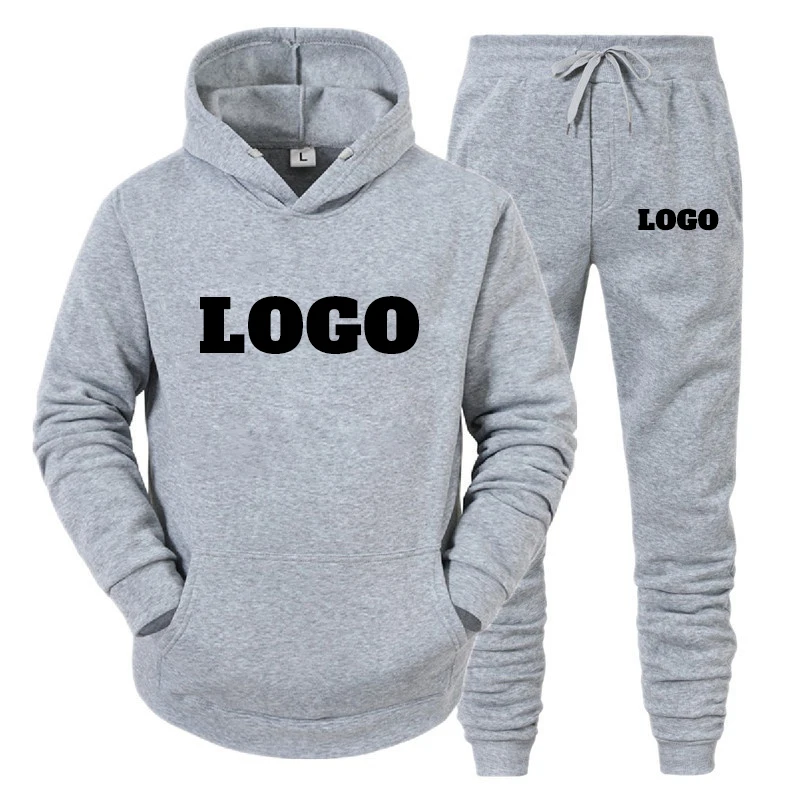 Custom Logo 2Pcs Sets Tracksuit Men Hooded Sweatshirt+Pants Pullover Hoodie Sportwear Suit Ropa Hombre Casual Men Running Set custom your logo 2pcs set sexy women tracksuit sportwear sleeve crop top pants outfit workout gym fitness athletic women clothes