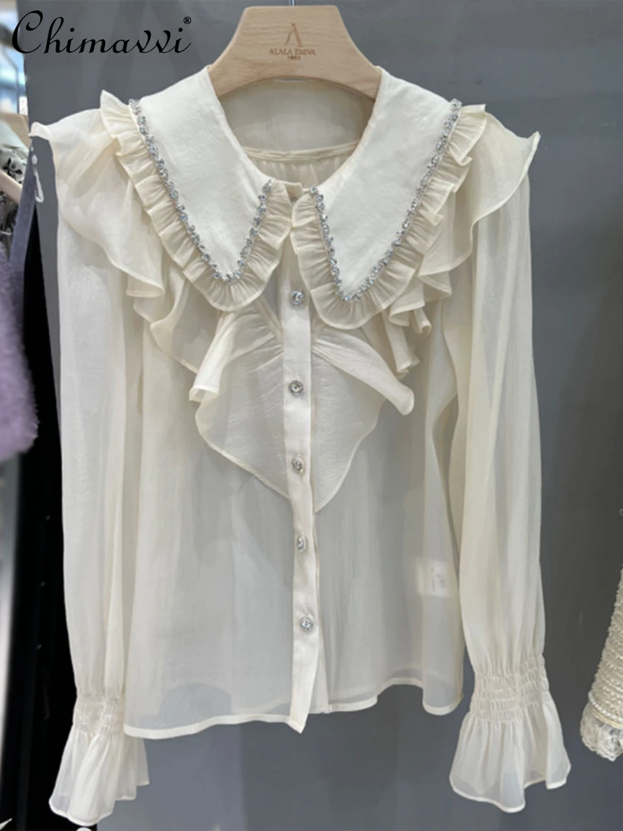 

2023 Autumn New Japanese Heavy Diamond Decorations Lapel Ruffled Long Sleeve Shirt Women's Loose Elegant Blouse All-Matching Top