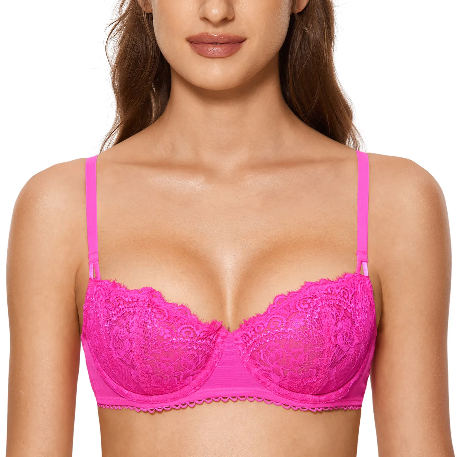 Women's Sexy Push Up Lace Bra Plus Size Sheer Balconette Underwire Unlined See Through Bralette