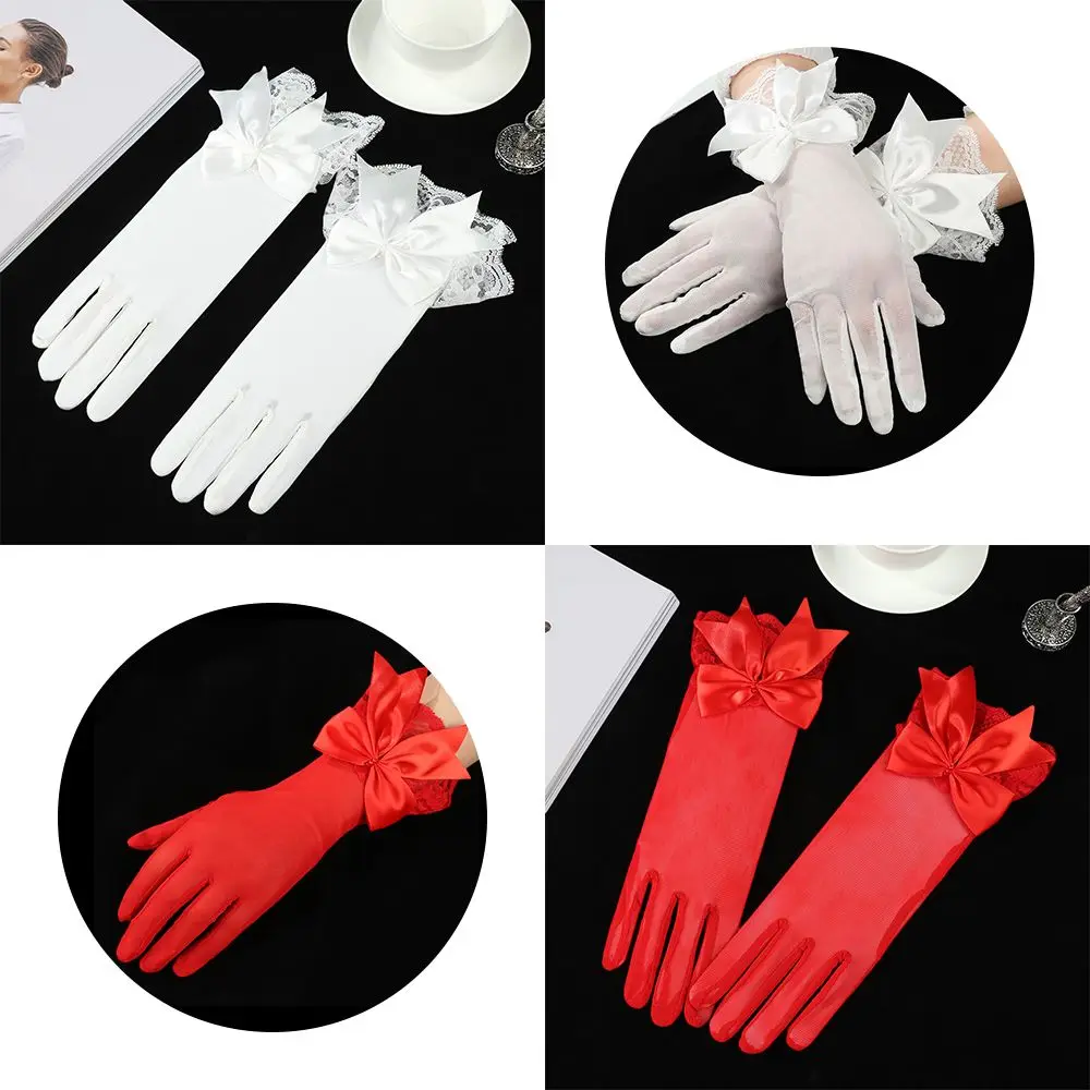 

Женские шифоновые рандомные солнцезащитные кружевные перчатки для вождения перчатки для невесты варежки с бантом