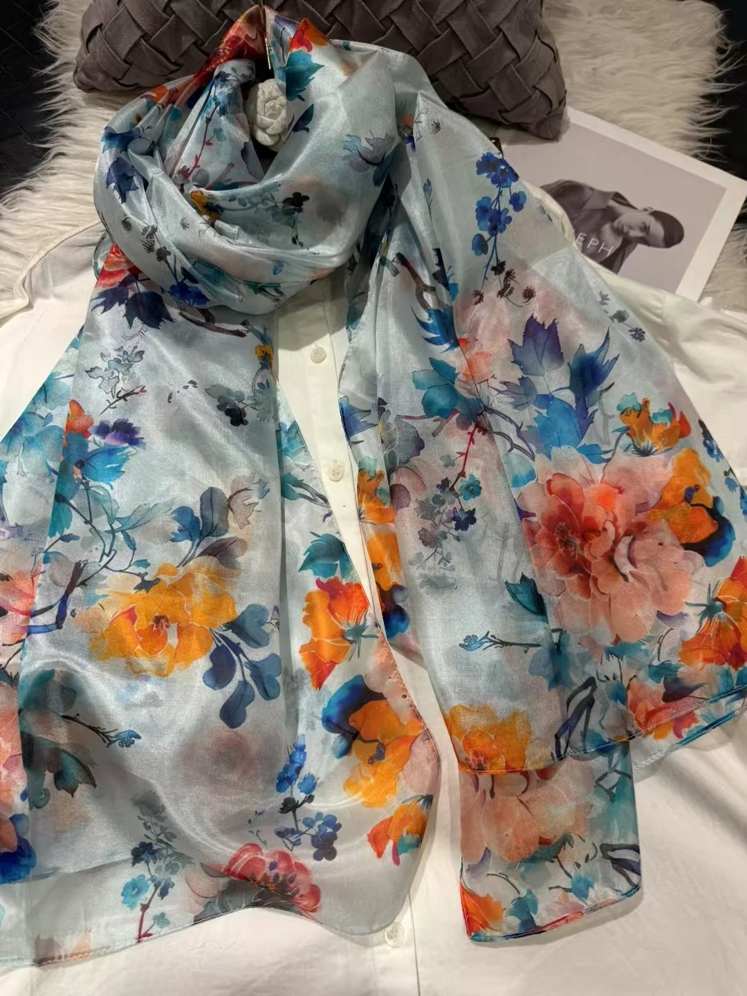Elegant Orange and Blue 100% Mulberry Silk Floral Scarf - Versatile Summer Wrap/Shawl