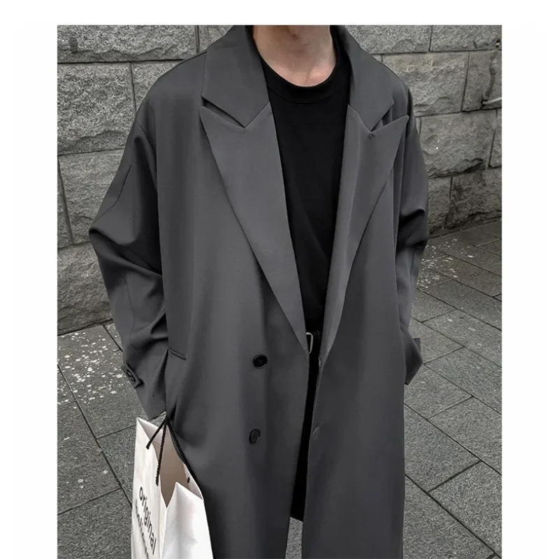 Autumn New Coats Loose Mid Length Over Knee Thin Windbreaker Handsome Shoulder Padded Suit Jacket for Men Trench Coat 6