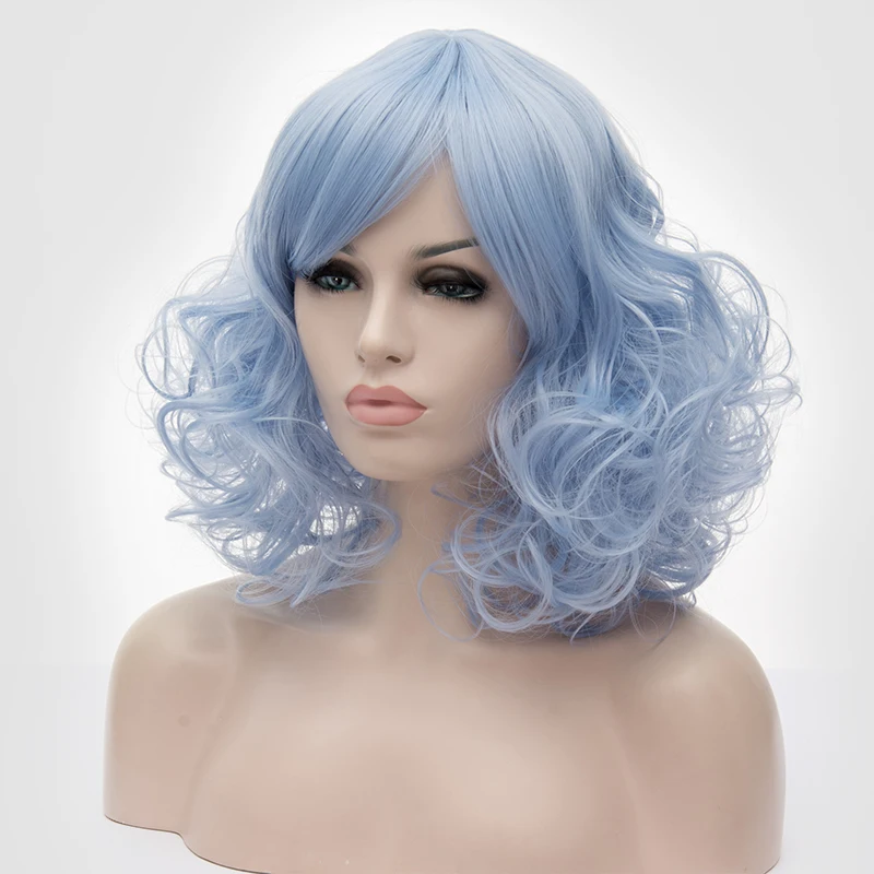 gaka curto encaracolado sintético cosplay peruca para festa feminino chapelaria falso lado franja roxo azul