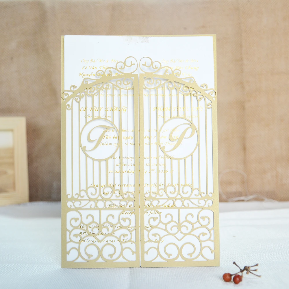Invitation Card with Free Name , Laser Cut, Wedding Gate, Love Door, Engagement Party, Black, Pink, Gold, 10 Pcs