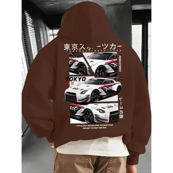 سترة بقلنسوة مطبوعة عصرية عالية الجودة لعام 2025، تصميم سباق، سويت شيرت رياضي مريح كلاسيكي فضفاض. 3