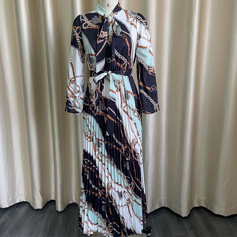 Temperament Printing Half Open Collar Bandage Long Sleeve Lady Elegant Pleated Pullover Mid Waist Plus Size Floor-Length Dresses
