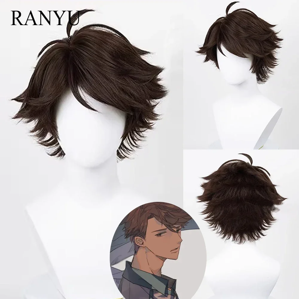 RANYU Men Synthetic Wig Short Straight Wavy Brown Anime Cosplay Fluffy Hair Heat Resistant Wig For Party