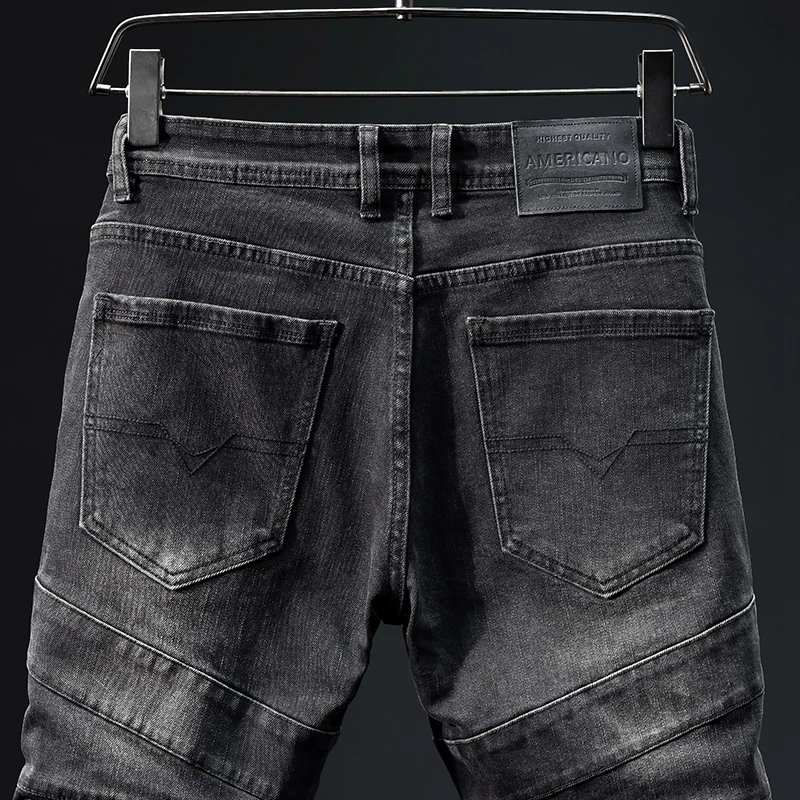 Motorcycle Jeans Men's Fashion Street Stitching Design High-End Quality Trendy Casual All-Matching Skinny Pencil Trousers