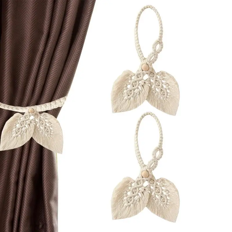 

2pcs Boho Woven Leaf Curtain Tiebacks Clips Rope Curtain Tie Backs Holdbacks Home Decoration Handmade Curtain Buckle Rope