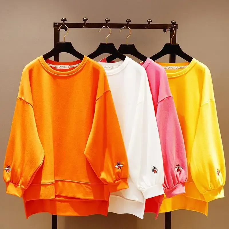 New Spring Fashion O Neck Women Pullovers Tops Embroidery Batwing Sleeve Medium-long Students Sweatshirts Solid Color Hoodies