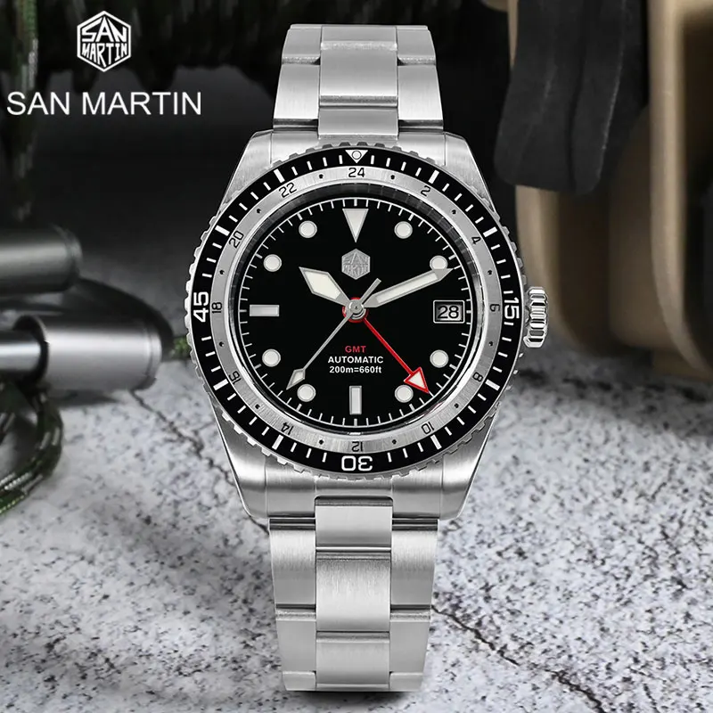 

San Martin Sports Diving Men Watch Japan NH34 GMT Business Automatic Mechanical Wristwatch Sapphire Crystal Waterproof 200m BGW9