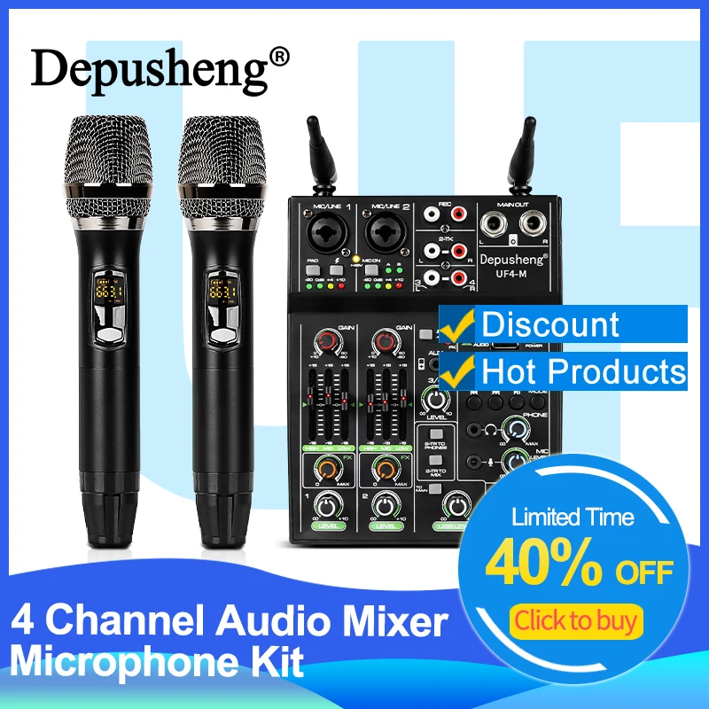 Audio Mixer 4 Channel High Power Amplifie Sound mixing with Microphone Depusheng UF4-M Digital Board Console for Karaoke Stage audio mixer