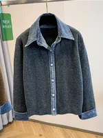 High-End Japanese Sle plus Size Patchwork Knitwear Casual Denim Jaet Women's Artistic Vintage Design Loose Fit Long Sve