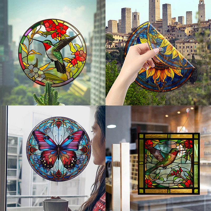 Window Glass Electrostatic Stickers Hummingbird Butterfly Flower Window Glass Stickers Removable Anti-collision Decorative Film