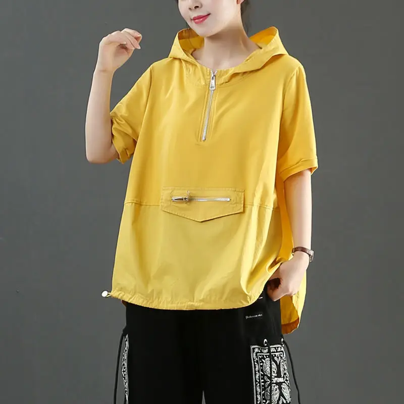 Fashion Hooded Spliced Zipper Shirring Pockets Casual Blouse Women Clothing 2023 Summer New Oversized Commute Tops Korean Shirt