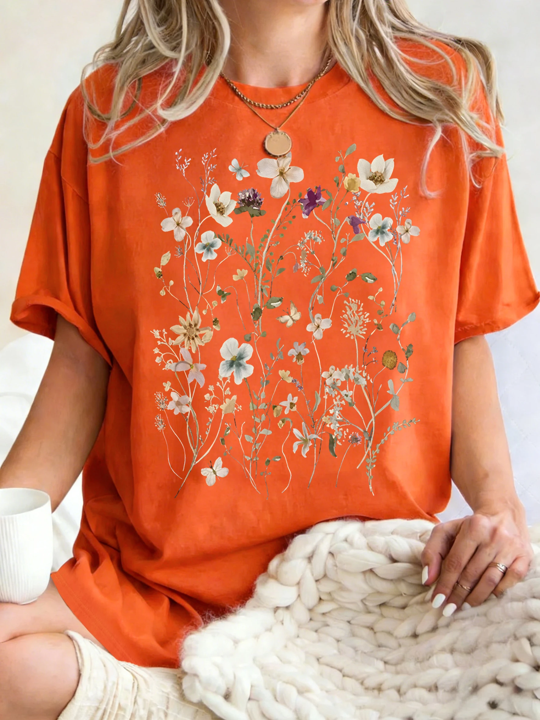 Beautiful Flower Clusters Printing Woman T-Shirt Summer Oversized Short Sleeve O-Neck Cotton T Shirts Y2K Women Sports Tops