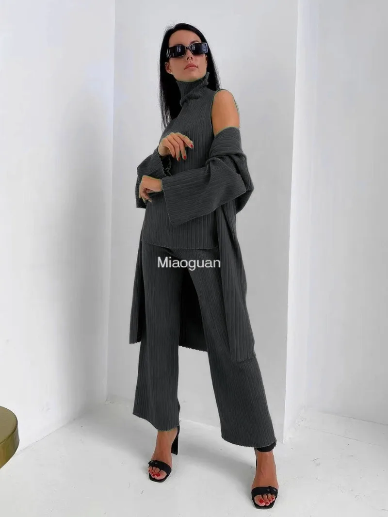 

Fashion Women's Knitted 3-Piece Sets Turtleneck Sleeveless Vest+Long Cardigan Coat+High Waist Straight Pants Female Casual Suits