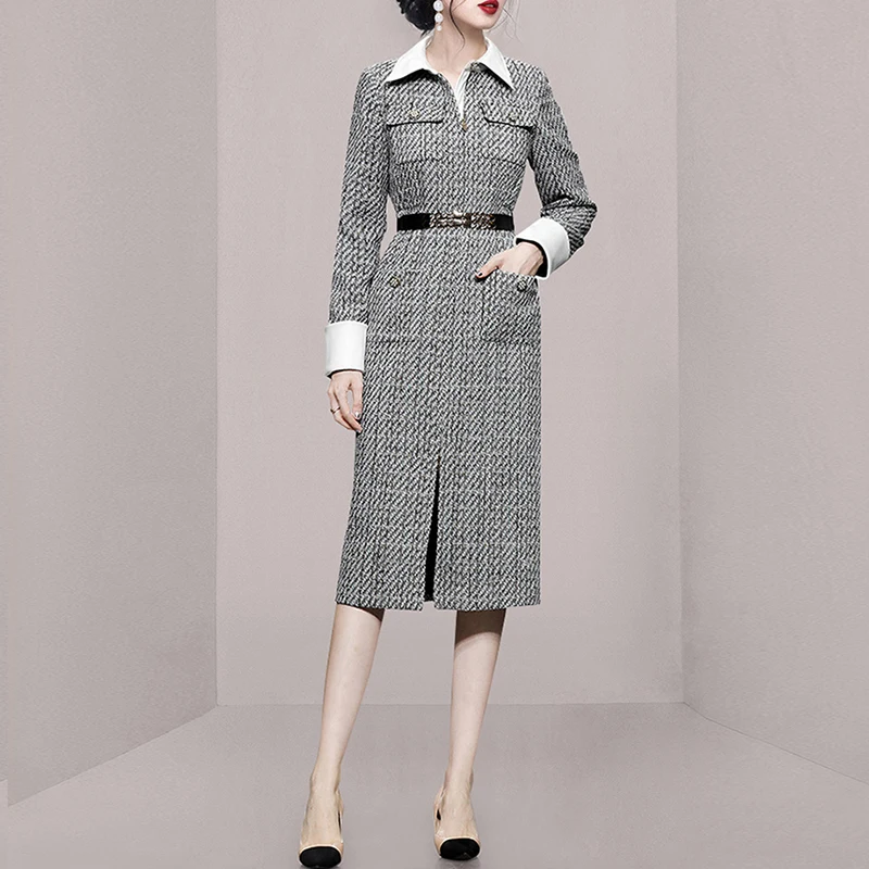 

2023 Contrast Shirt Lapel Trench Coat Fashion Long Autumn Winter Women's Clothing pullover Woolen tweed Long Overcoat Slim Coat