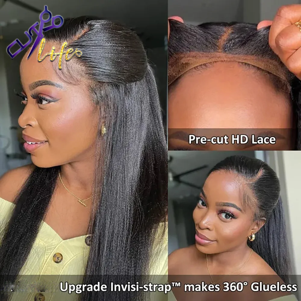 Light Yaki Pre Cut Glueless Wig 4x4 Lace Closure Wig 360 Invisible Strap Lace Human Hair 7x5 Glueless Closure