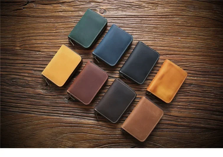 Luxury Brand Handmade Crazy Horse Leather Small Wallet Men's Layer Cowhide Zipper Short Coin Purse Leather Card Bag