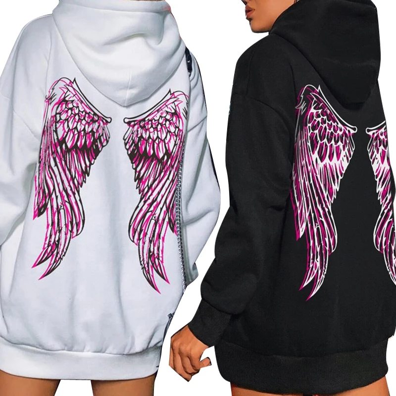XUANSHOW Hoodies Women Loose Long Style Thick Los Angel Wings Letters Printed White Casual Women's Sweatshirts Coat