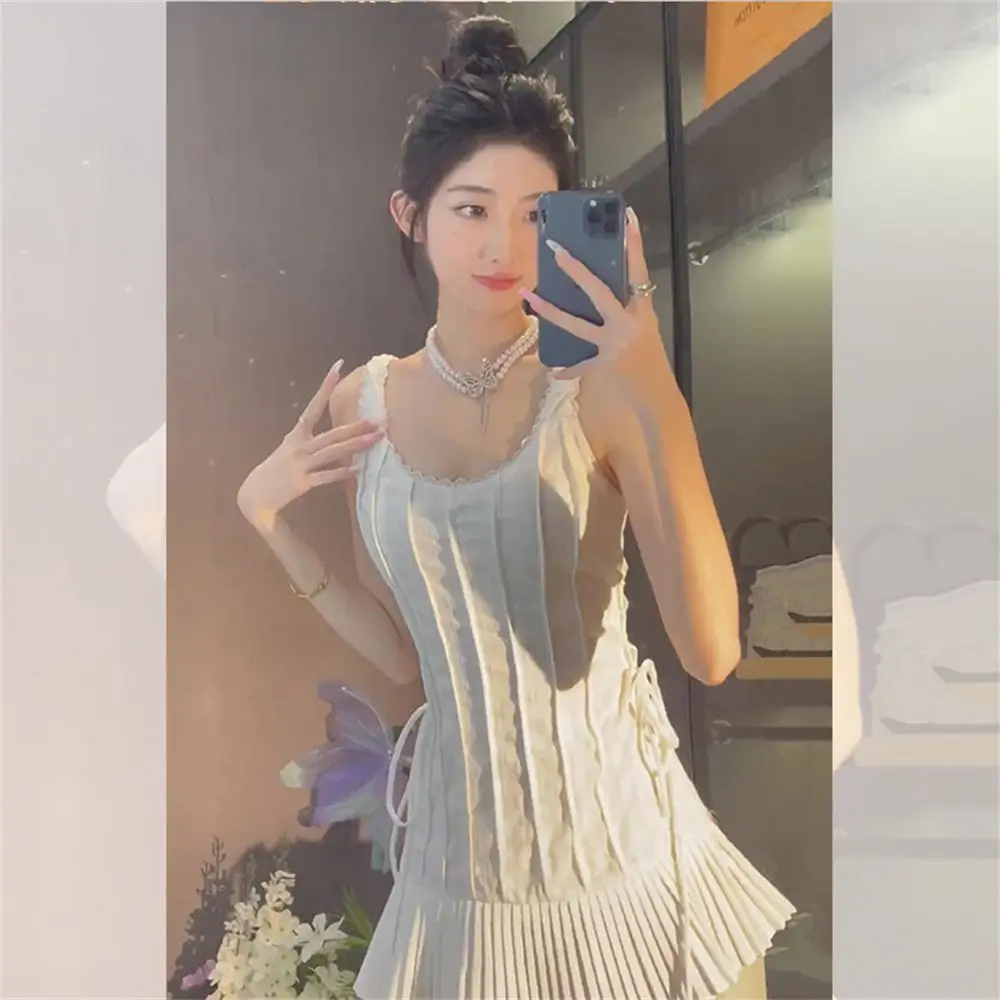 

Korea Mini Dress Summer Y2k Girl 2000s Aesthetic Prom Gown Pleated Dress Women Frocks One-Piece Evening Party Cute