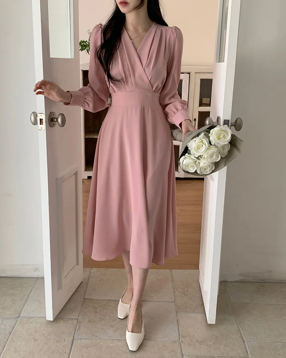 Korean Fashion Autumn Midi Dresses for Women Long Sleeves V-neck A-line Solid Casual Dress Office Lady Clothing New