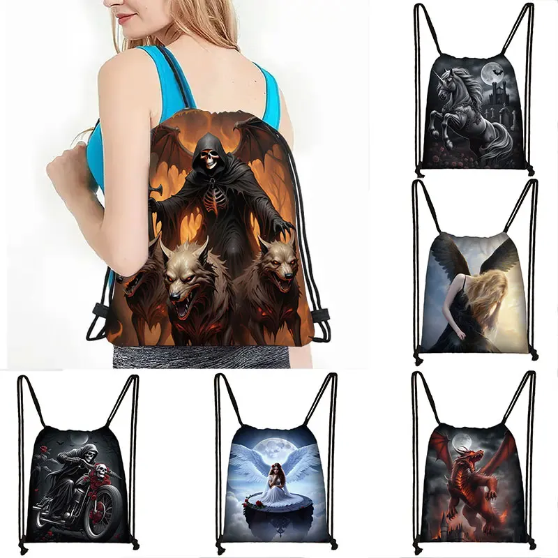 

Terror Gothic Angel / Grim Reaper Skull Backpack Howling Wolf Drawstring Bags Dragon Outdoor Women Shoulder Bag Shoes Holder