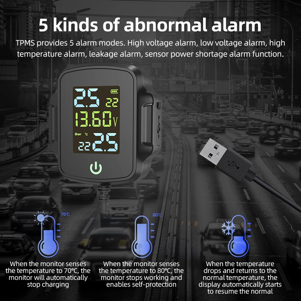 Motorcycle Tire Pressure Monitoring System Tyre Temperature Alarm System QC 3.0 USB Charger for Phone Tablet motorcycle tire pressure monitor
