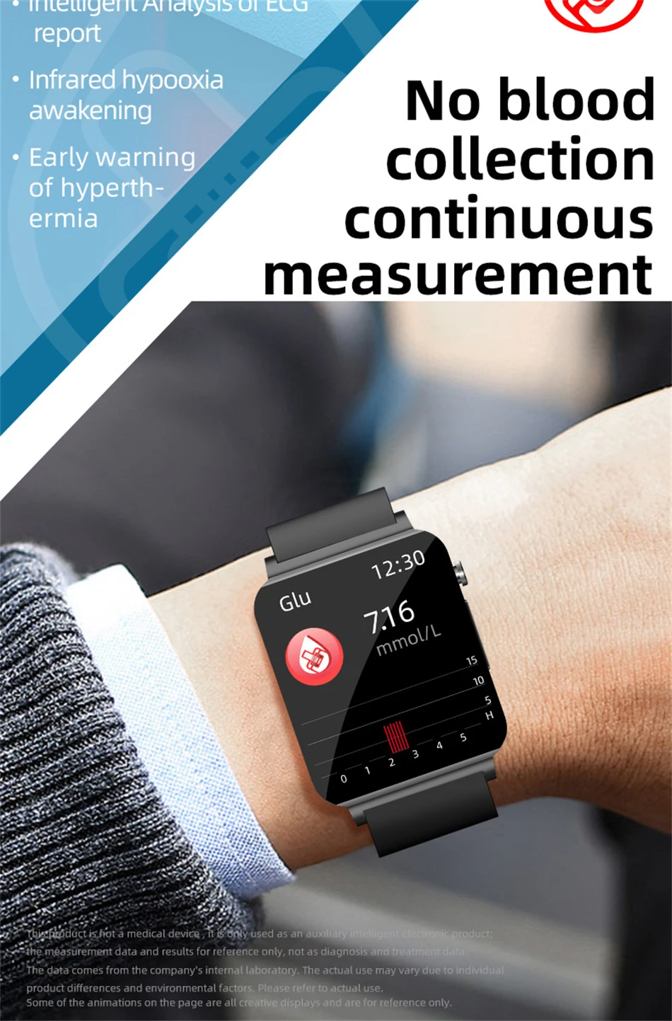 Montre intelligente de glycémie d'insuline mesure indolore pour Android IOS moniteur