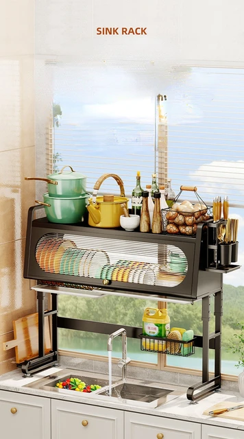 Kitchen Sink Shelf Table Top Retractable Dish Rack With Door Dish Storage  Rack Cupboard Locker Drain