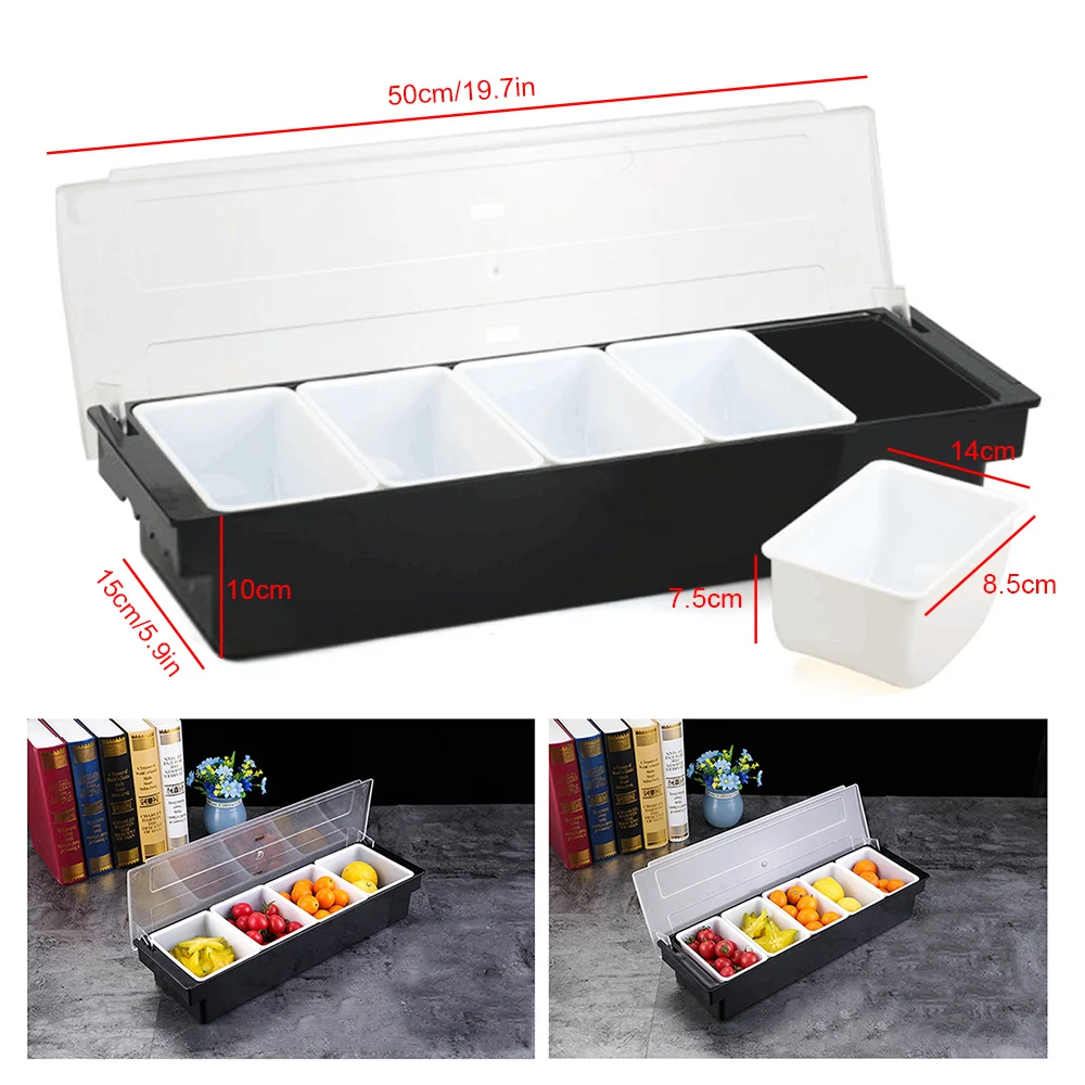 

Plastic 4 Compartment Condiment Dispenser Tray Bar Caddy Commercial Food Fruit Box Home Garnish Serving Container with Lid Kit