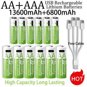 Nuove batterie al litio ricaricabili da 1,5 V AAA 6800 mAh + AA 13600 mAh Batteria agli ioni di litio USB a ricarica rapida 2000 cicli con cavo USB-C