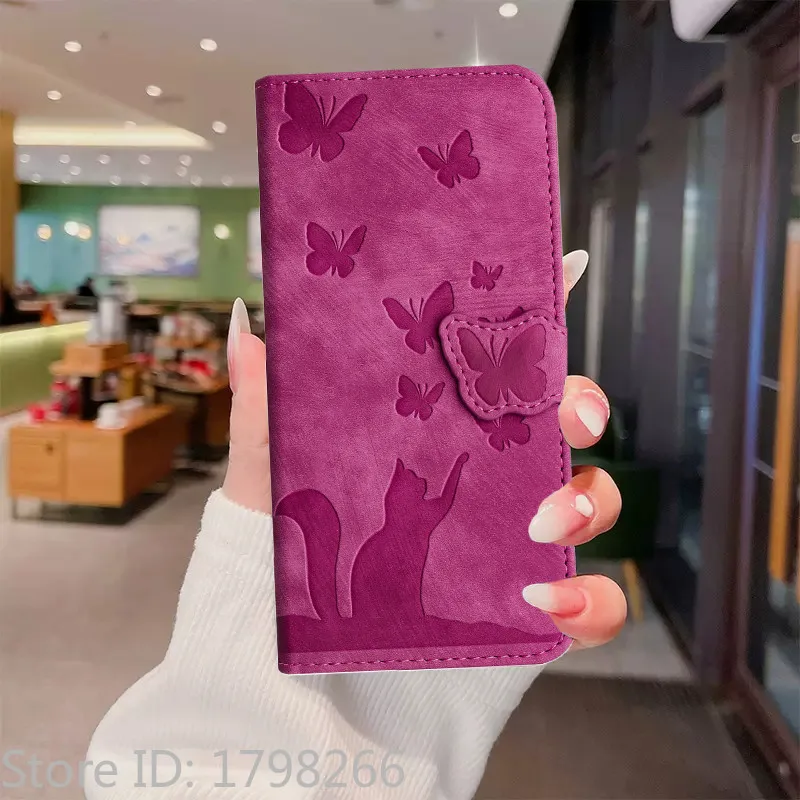 Butterfly & Cat Leather Wallet Flip Cover Case