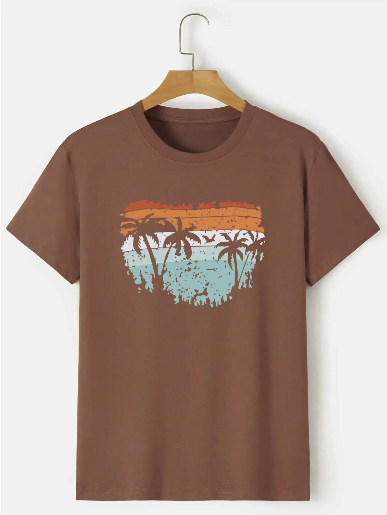 

2024 Coconut tree print Crew Neck T-shirt, Casual Short Sleeve Fashion Summer T-Shirts Tops, Men's Outfits,Oversize Tees