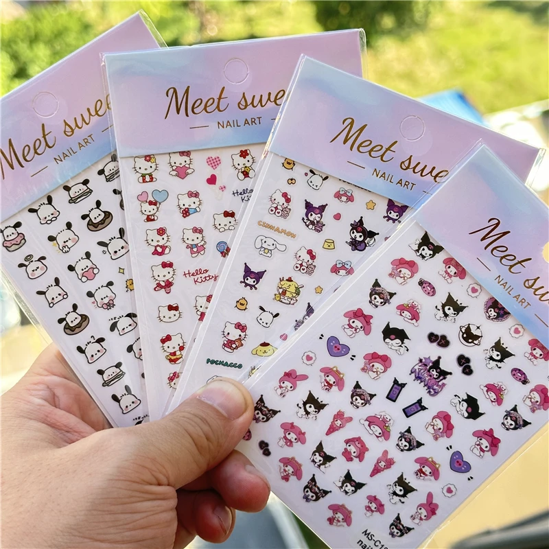 3D Kawaii Sanrioed Nail Stickers 4PCS/1PC Set Hello Kitty Kuromi Melody Cartoon Nail Decals Decoration Supplies Press on Nails
