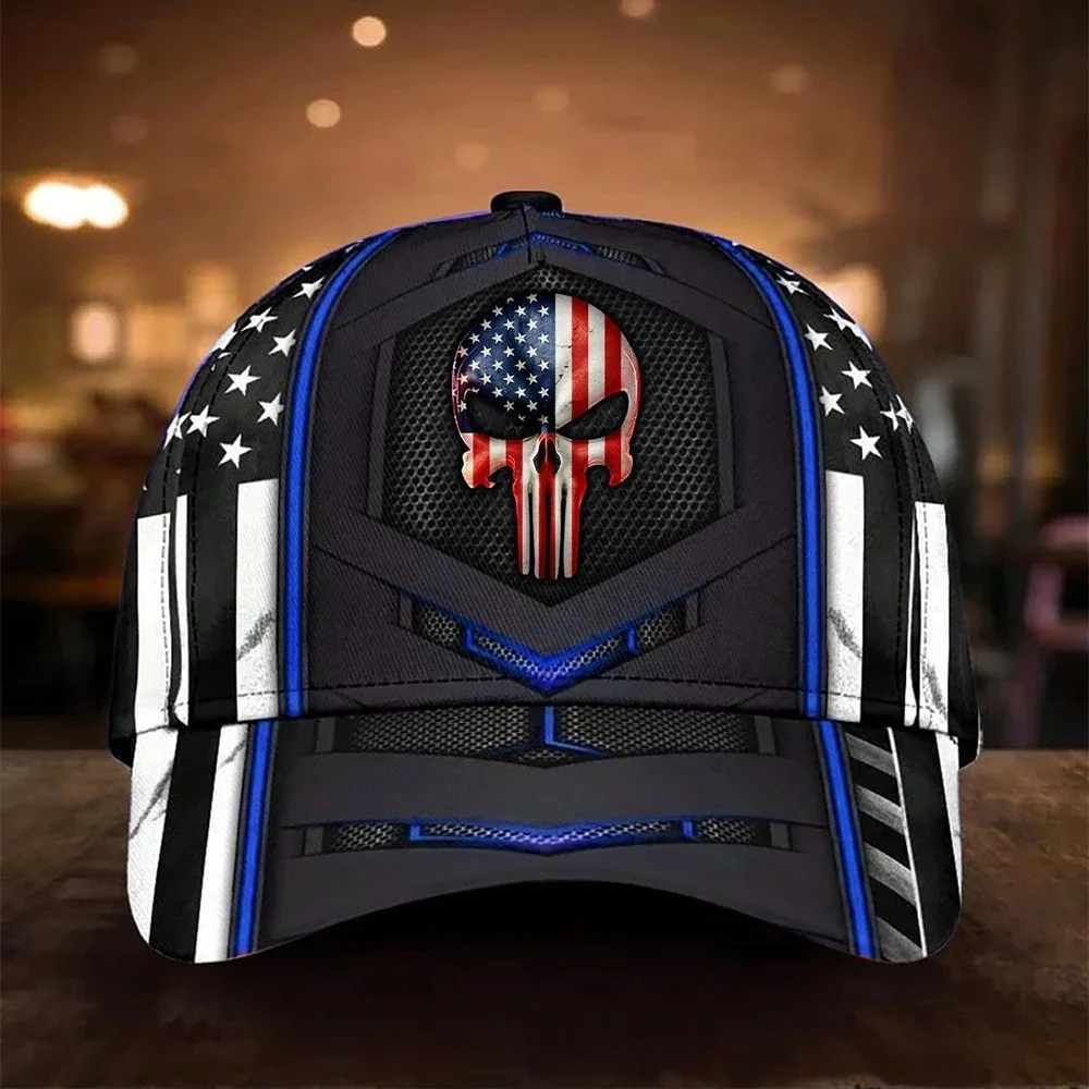 

American USA Flag Skull Baseball Cap All Over Printed Snapback Hat Women Men Adult Hip Hop Headwear Outdoor Casual Sun Visor