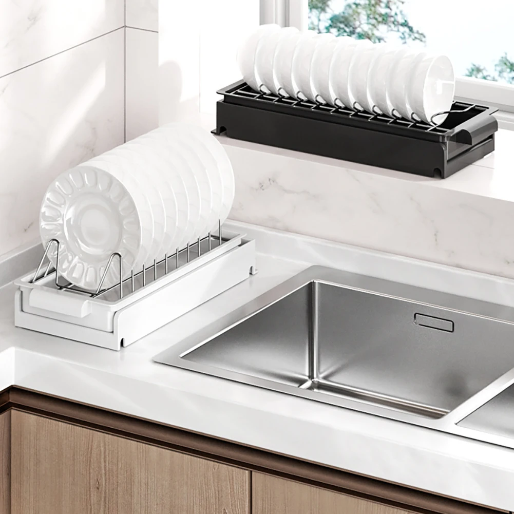 Pull Out Dish Racks Kitchen Under Sink Organizer, Cabinet Slide Out Dish Drying Rack With Drainboard, Carbon Steel Sliding Drawe