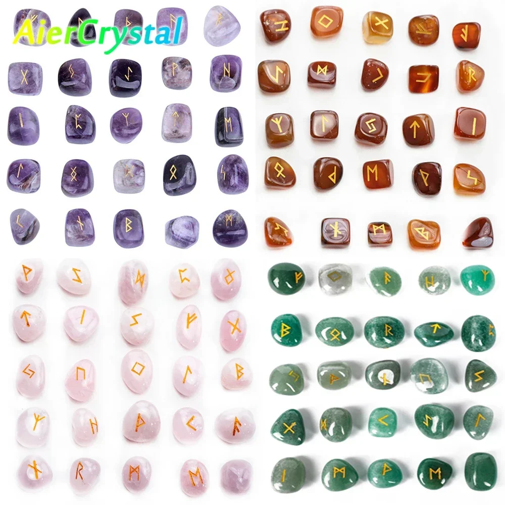 

25PC Natural Crystal Rune Stone Set Nordic Rune Letter Amethyst Gem Irregular Agate Chakras Healing Stone Lucky Decoration