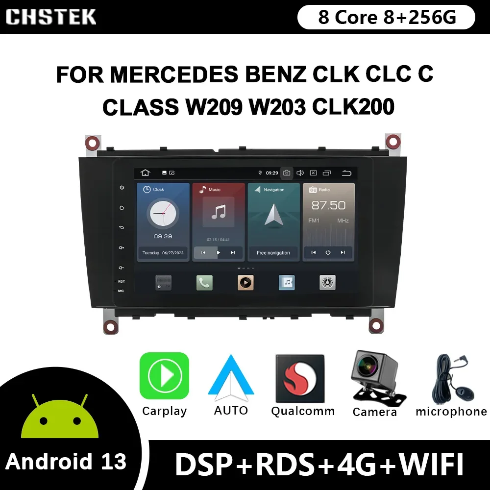 

Автомобильный радиоприемник CHSTEK, 8 дюймов, Android 12, для Mercedes Benz CLK CLC C Class W209 W203 CLK200, Qualcomm CarPlay, Wi-Fi, 4G, Bluetooth 5,0, GPS, DSP