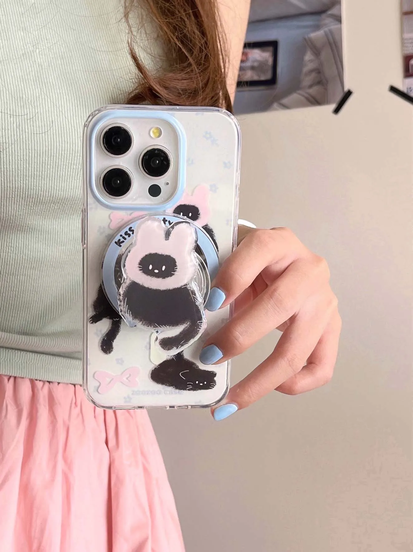 Cartoon Magnetic Stand Holder Phone Case with Cute Cat Design - High Quality IMD Back Cover