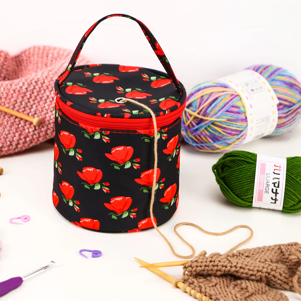 Empty Small Yarn Storage Bag Rose Color Waterproof Knitted Bag Portable Travel Organize Storage Sewing Tool Accessories Gift