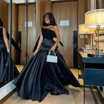 Customized Black  Floor-Length Prom Dress Long Silk Scarves Strapless robes de soirée Satin A-line Party Dresses Sleeveless