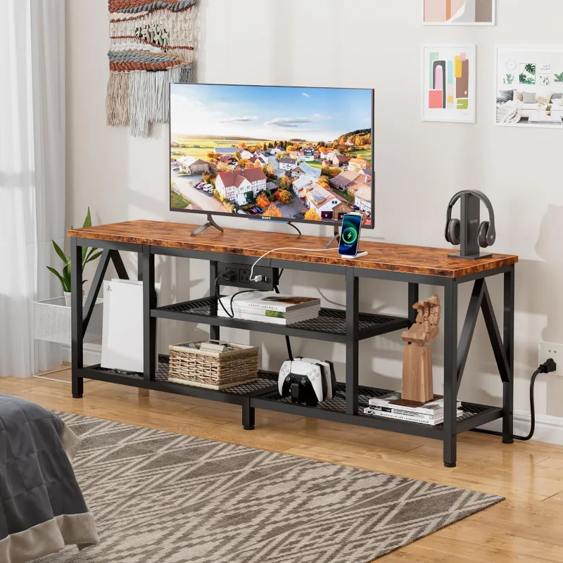 

Furologee TV Stand with Power Outlets for 60 65 inch TV, Entertainment Center with Open Storage Shelves, Long 55'' TV Media Cons